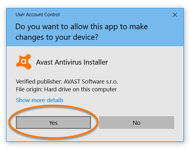 Notifikasi izin User Control Account untuk menginstal Avast Premier