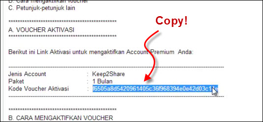 Buka email dari Vioomax dan copy kode aktivasi Keep2share