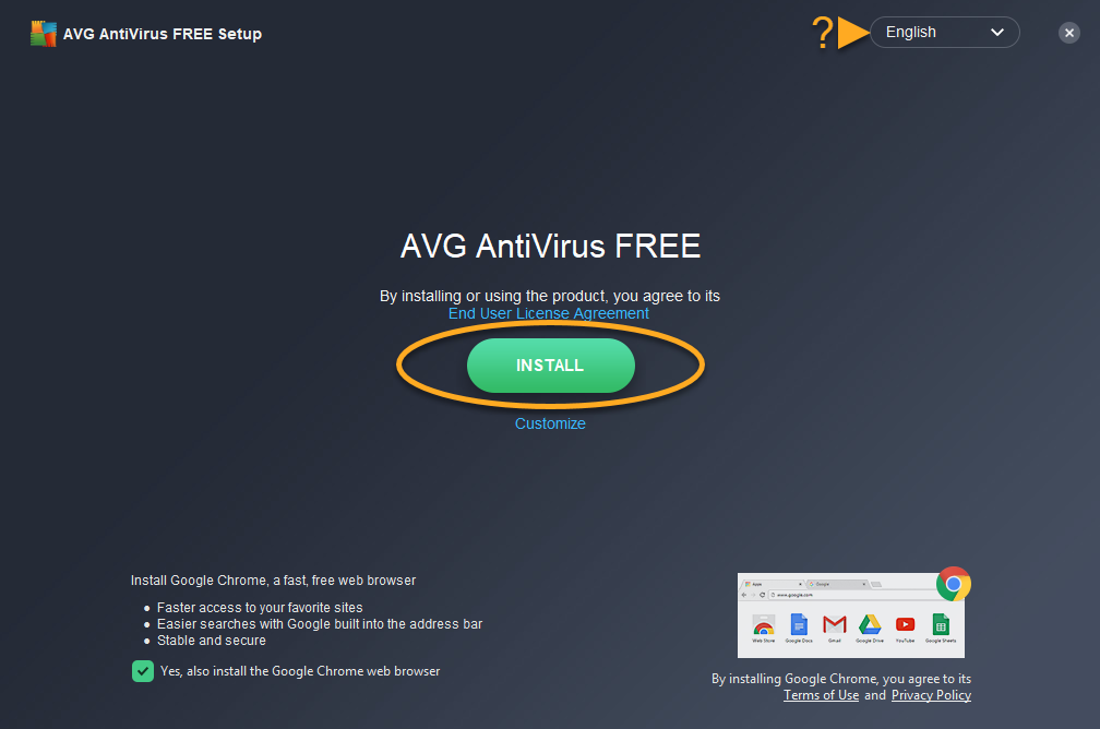 Dialog pilihan bahasa untuk instal AVG Antivirus