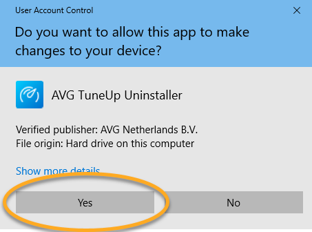 Notifikasi izin User Control Account untuk menginstal AVG PCTuneup