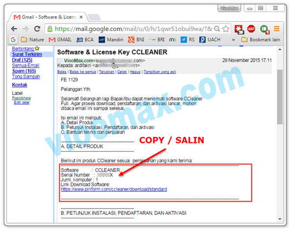 Copy License Key CCleaner dari Email