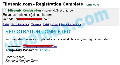 Email dari FileSonic bahwa pendaftaran sukses