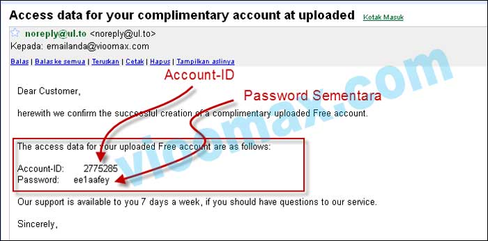 Email berisi User ID dan Password Uploaded.to